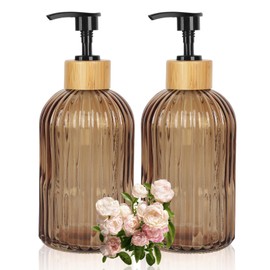 Ulable Amber Glass Soap Dispenser with Pump, 2 Pack 13.5oz Vertical Stripe Design Hand Soap Dispenser for Hand Wash, Dish Wash, Elegant Dispenser for Bathroom and Kitchen
