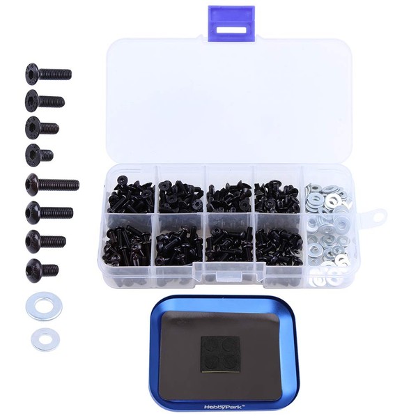 HobbyPark Universal RC Screw Kit Hex Flat & Buttom Head M3 M4 Bolts Washers w/Magnetic Screw Tray Hardware Set for 1:8 1/10 Scale RC Cars