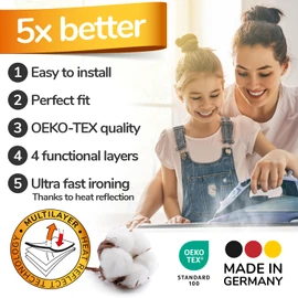 smart&gentle Turbo Ironing Board Cover with Padding - 50% Faster High Speed Heat Reflection - Made in Germany - 100% Cotton Top - Love&Liberty-Line 15x54