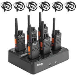 PTTalky FR1 Walkie Talkies Long Range Rechargeable Two Way Radios with Earpiece 6 Pack with 6 Way Multi Gang Charger for Warehouse Restaurant Farm