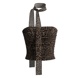 MakeMeChic Women's Strapless Leopard Mesh Tube Top Sleeveless Ruched Bandeau Crop Festival Rave Tops with Scarf Brown Small