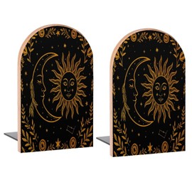 Gold Moon Sun Face Book Ends Decorative Wood Bookends for Shelves Kids Room Desk Home Office Book Stoppers for Magazines,Books, DVDs, 1 Pair/2 Pieces(5x3.1 in)