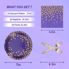 Purple and Gold Paper Plates and Napkins Party Supplies,25 x 7'' Dessert Plates & 25 x 6.5'' Napkins & 25 x 6.3'' Forks,Disposable Paper Tableware Set for Birthdays,Graduation,Carnival(Serve 25)