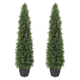 GarveeHome Artificial Cedar Topiary Tree for Outdoor,60 inch Tall Faux Cedar Trees,Potted Fake Cypress Plant, Artificial Plants Indoor Outdoor for Front Porch Decor, Set of 2