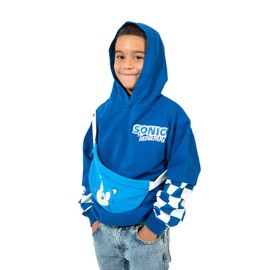 Sonic The Hedgehog Character Face Long Sleeve Boy's Blue Hooded Sweatshirt & Detachable Fanny Pack-8