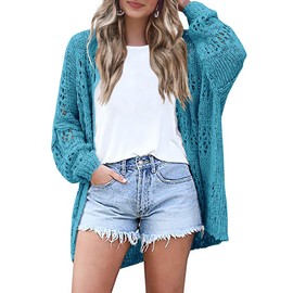 HOTOUCH Lightweight Crochet Cardigan for Women Long Sleeve Open Front Knit Oversized Cardigans Sweaters Teal