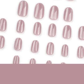 Press-On Nails – Short Almond & Square Styles | Nude, Chrome, Cat Eye, Glitter, French | Reusable with Nail Glue & Tape | 24 pcs kit | Salon Look in Minutes (L-Envy, Medium)