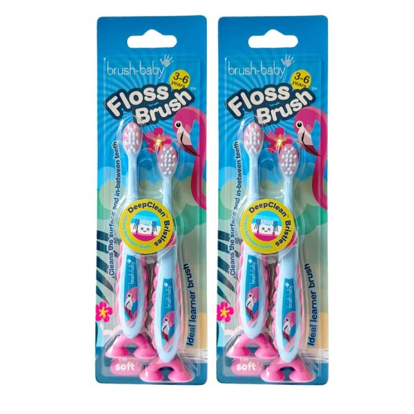 Brush-Baby Flamingo FlossBrush™ Bristles Toothbrushes 3-6 Years - Pack of