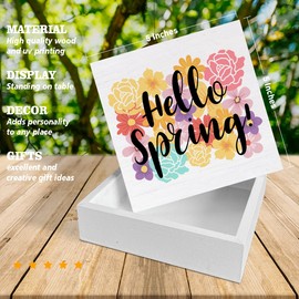 Spring Decor Rustic Hello Spring Colorful Floral Wood Block Sign Farmhouse Spring Sign Desk Decorations Home Shelf Decor 5 x 5 Inches