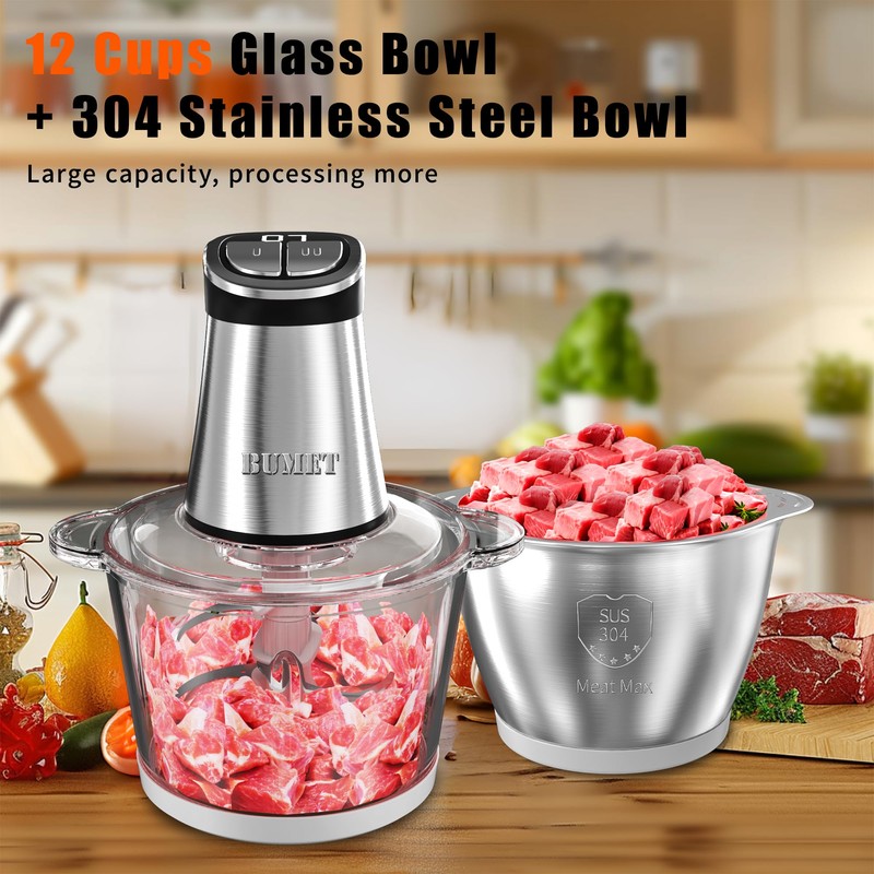 BUMET 800W 2-12cup Food Chopper LED Timer 3-Tier 6 Blades