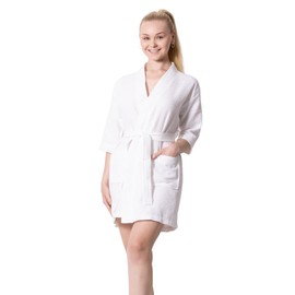 TOWELNROBE Short Robes for Women Cotton Polyester Blend, Waffle Square Weave Robe lightweight & Comfortable - Absorbant and Breathable & Pockects and adjustable Belt - Quick Dry & Soft-(White, S/M)