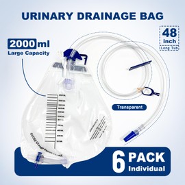 Carbou 2000ml Urine Drainage Bags with Anti-Reflux Chamber - 48" Long Tube with Clamp & Hook, Anti-Reflux Valve, Quick-Release Drain Port (6 Bags/Box)