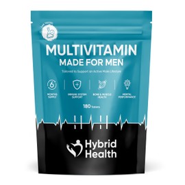 Hybrid Health Multivitamin for Men - 6 Months Supply, 180 Vegan Tablets, 20+ Essential Active Vitamins and Minerals Including Vitamin C, Vitamin D, Vitamin K and Full Vitamin B-Complex, 180 Servings