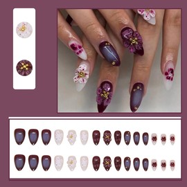 BQZQPAMZ 30pcs Flower Press On Nails Medium Length, Purple Pink Floral Design Fake Nails With Glue Reusable Full Coverage Acrylic False Nails for Women DIY Spring Nail Art Supplies