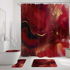 Homewelle 4 PCS Burgundy Red Marble Shower Curtain Abstract Modern Ombre Luxury Golden Veins 72Wx72H Inch Vintage Fabric Decor Bathroom Rug Set Bath Mats Nonslip Washroom Decor Shower Accessories