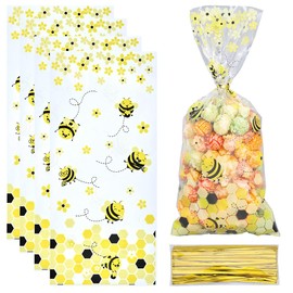 GORGECRAFT 100Pcs Bee Bags Yellow Honeycomb Flower Plastic Candy Treat Bags with Twist Ties Clear Cello Goodie Bags for Birthday Weddings Christmas Party Favors Supplies 10.83x4.92