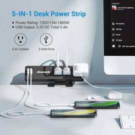 DEWENWILS Desk Clamp Power Strip, Desktop Power Station with 3 AC Outlets(15A/1800W), 2 USB Ports, Desk Mount Power Outlet for Home, Office, 6Ft 14/3C SJT Extension Cord