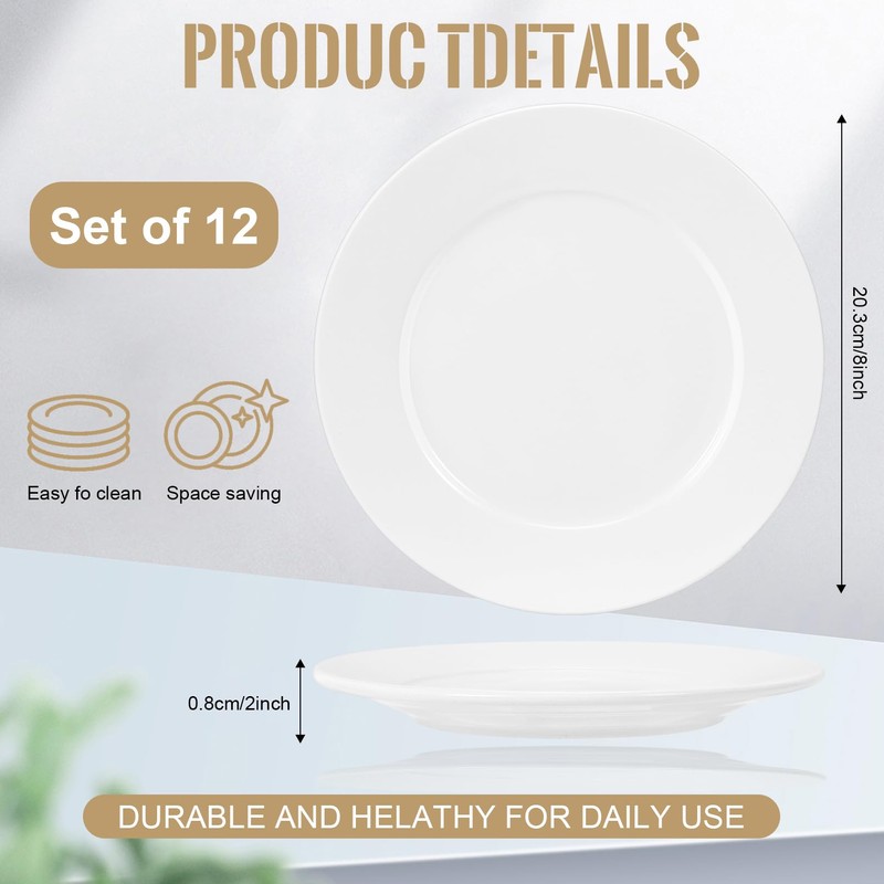 12 Pcs Porcelain Dessert Plates, 8 In Small Appetizer Plates,