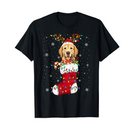 Santa Golden Retriever Puppy Dog In Socks Xmas Tree Lights T-Shirt