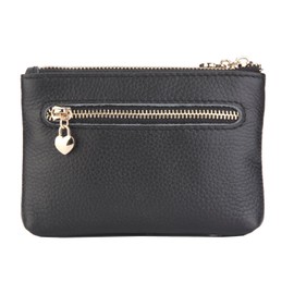 ZOOEASS Coin Purse Women Genuine Leather Zip Mini Purse with Key Ring Triple Zipper Card Holder Wallet(Black)