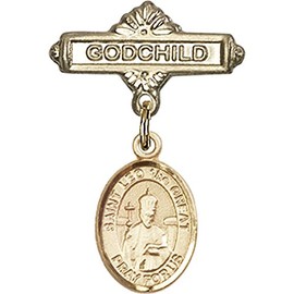 Bonyak Jewelry Saint Medal Collection Gold Filled Baby Badge with St. Leo The Great Charm and Godchild Badge Pin 1 X 5/8 inches