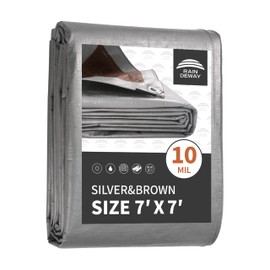 RAINDEWAY Tarps Heavy Duty Waterproof 7x7 Feet, 10Mil Multipurpose Poly Tarp Cover with Metal Grommets and Reinforced Edges, Silver/Brown Tarp