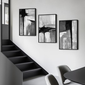 Framed Black and White Gray Modern Abstract Wall Art for Living Room, Set of 3 Piece Big Canvas Paintings Artwork for Walls, Minimalist Art Prints Pictures for Home Office Hallway Wall Decor 24x36 Inch