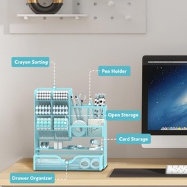 SUPEASY Pen Holder with Drawer, Desk Organiser and Accessories for Office Organisation, Metal Mesh (Blue)