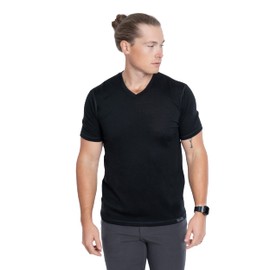 Woolly Clothing Co Men's Merino Wool V-Neck Hiking and Travel T-Shirt,Black,X-Large