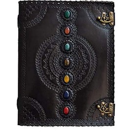 TUZECH Seven Chakra Medieval Stone Embossed Handmade Jumbo Leather Journal Book of Shadows Notebook Office Diary College Poetry Sketch (Black, 10 x 7 Inches)