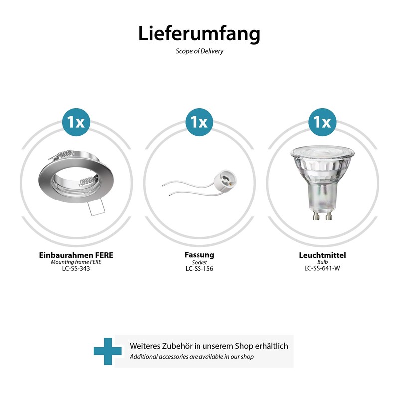 ledscom.de FERE Recessed Ceiling Spotlights Chrome Matt GU10 LED Lamp