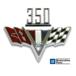 Classic Headquarters Chevy 350 V-Flag Fender Emblem Set W/Free American Flag Window Decal