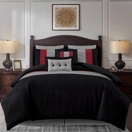 Chezmoi Collection Loft 8-Piece Luxury Striped Comforter Set (Full, Red/Black/Gray)