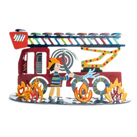 Emanuel Yair Hanukkah Menorah Candle Holder | Hand Painted Fire Truck Design | Jewish Gifts (HNB-1)