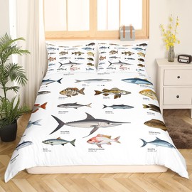 Bass Fish Bedding Sets Queen Size Boys Teens Kids Ocean Theme Bedspread Cover,Big Pike Fish Duvet Cover Sea Animal Print Bedding Sets Bass Big Fish Decor Comforter Cover for Adult Youth Girls Men