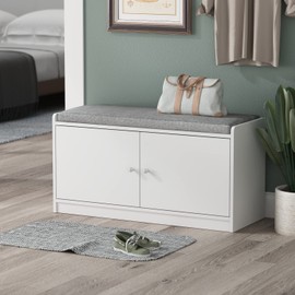 ECACAD Wood Shoe Storage Bench with Cushion Seat, 2 Doors & 4 Storage Compartments, Entryway Shoe Rack Bench for Bedroom, Hallway, White and Grey (35.8”L x 13.7”W x 18.1”H)