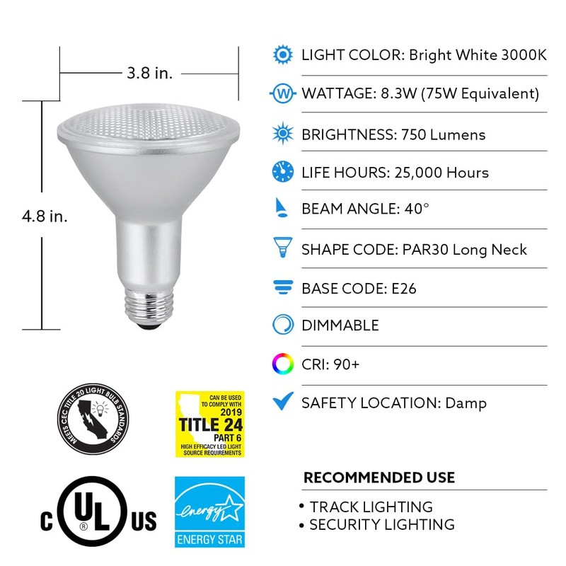 Feit Electric LED PAR30L Bulb, 75W Equivalent, Dimmable, 3000K Warm