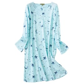 CHUNG Women Nightdress Ladies Nightie Long Sleeve Crew Neck Cotton Sleepwear Cute Pattern Print Loungwear Spring Summer Blue Star XL