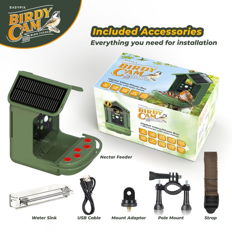 EASYPIX BirdyCam Solar Power Bird Feeder with Camera, Automatic HD