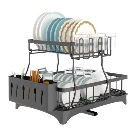 2-Tier Detachable Dish Drying Rack Drainer Organizer Set Swivel Spout Utensil Holder Drainboard Dish Rack Drainer for EfficientColor: Black Color