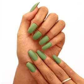 Urieo Green Medium False Nails Coffin Tip Press on Nails Matte Solid Color Fake Nail Nude Acrylic Party Clip on Nails for Women and Girls (Pack of 24)