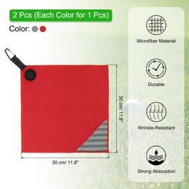 PATIKIL 12"x12" Magnetic Golf Towel with Wire Cleaning Cloth, 2 Pack Microfiber Waffle Pattern Towels with Magnet and Clip for Golf Carts Clubs Golfing Gear, Grey/Red