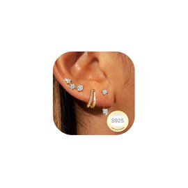 DORANA 3 Pairs Sterling Silver Stud Hoop Earrings Set for Women Hypoallergenic 14K Gold Earring Stacks Small Stud Hoops Huggie Earrings Sets for Women Multiple Piercings, Silver Sterling Silver, No