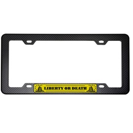 Black Carbon Fiber Look License Plate Tag Frame with Liberty OR Death Yellow Black Snake Aluminum Emblem Badge Nameplate Logo Decal Rare