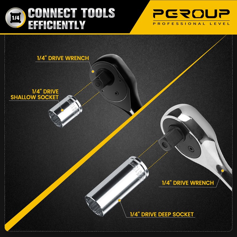 pgroup 1/4" Drive Socket Set, 16PCS 12-Point Deep and Shallow