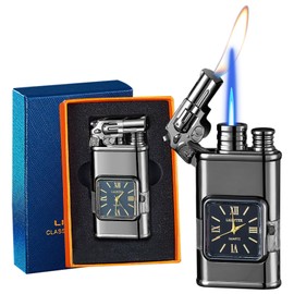 Lighter, Windproof Torch Lighter Jet Flame and Soft Flame, Cool Adjustable Lighter with Visible Fuel Window, Refillable Butane Lighter for Outdoor Indoor Men Women (Without Butane)-Black G