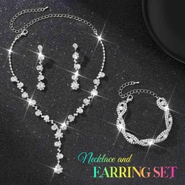 Unicra Silver Wedding Jewelry Sets Rhinestone Necklace Earrings Bracelet Set Prom Formal Costume Jewelry for Women and Brides (Silver)