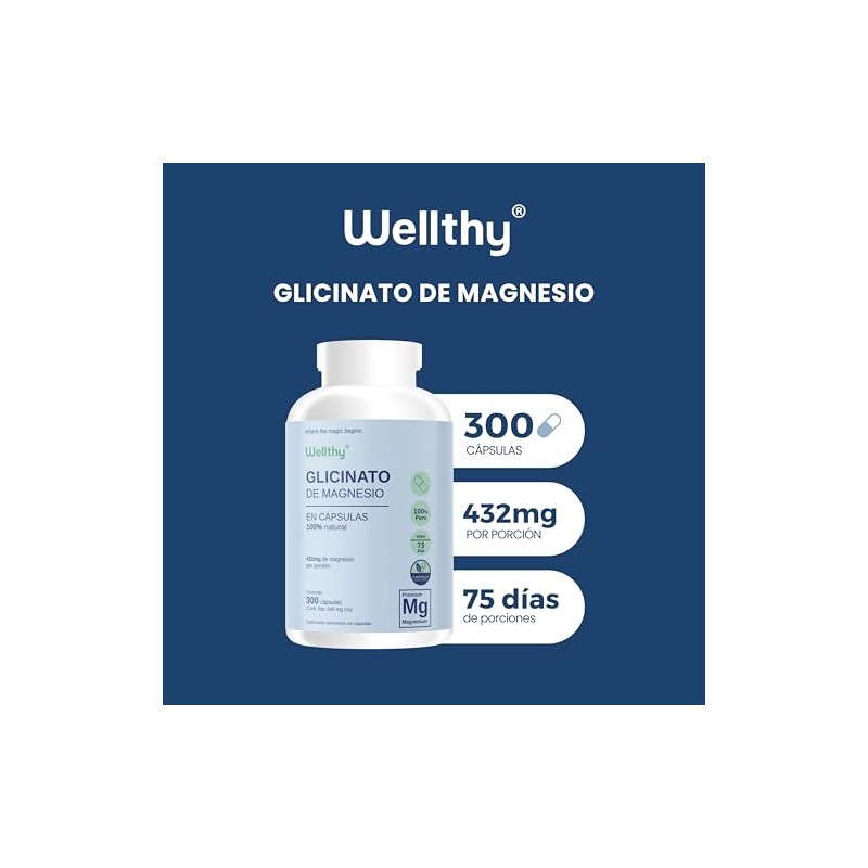 Wellthy Glicinato Magnesio 300 Cápsulas 432mg 100 Natural Puro Alta