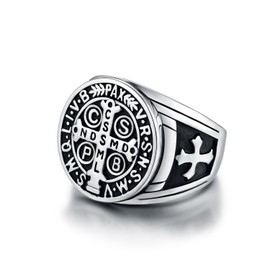 Men's St Benedict Ring Stainless Steel Christian Roman Mens Catholic Saint Benedict Exorcism Rings Gift Cross Demon Protection Ghost Hunter CSPB for Men Boys Dad Boyfriend Vintage Antique Size 10