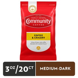 Community Coffee Pre Measured 3.0 oz Coffee and Chicory Medium Dark Roast Fractional Packs, , Full Body Rich Flavorful Taste, 100% Select Arabica Beans Coffee & Chicory ,20 Count
